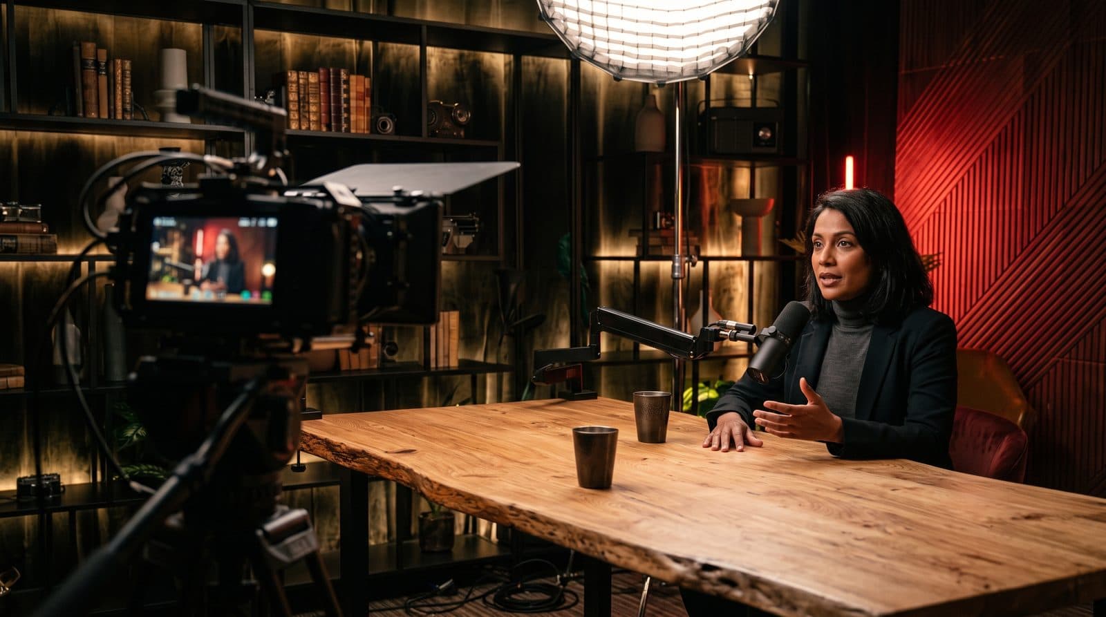 Caméra au premier plan qui filme une femme parlant au micro, à une table en bois, sous un éclairage de studio