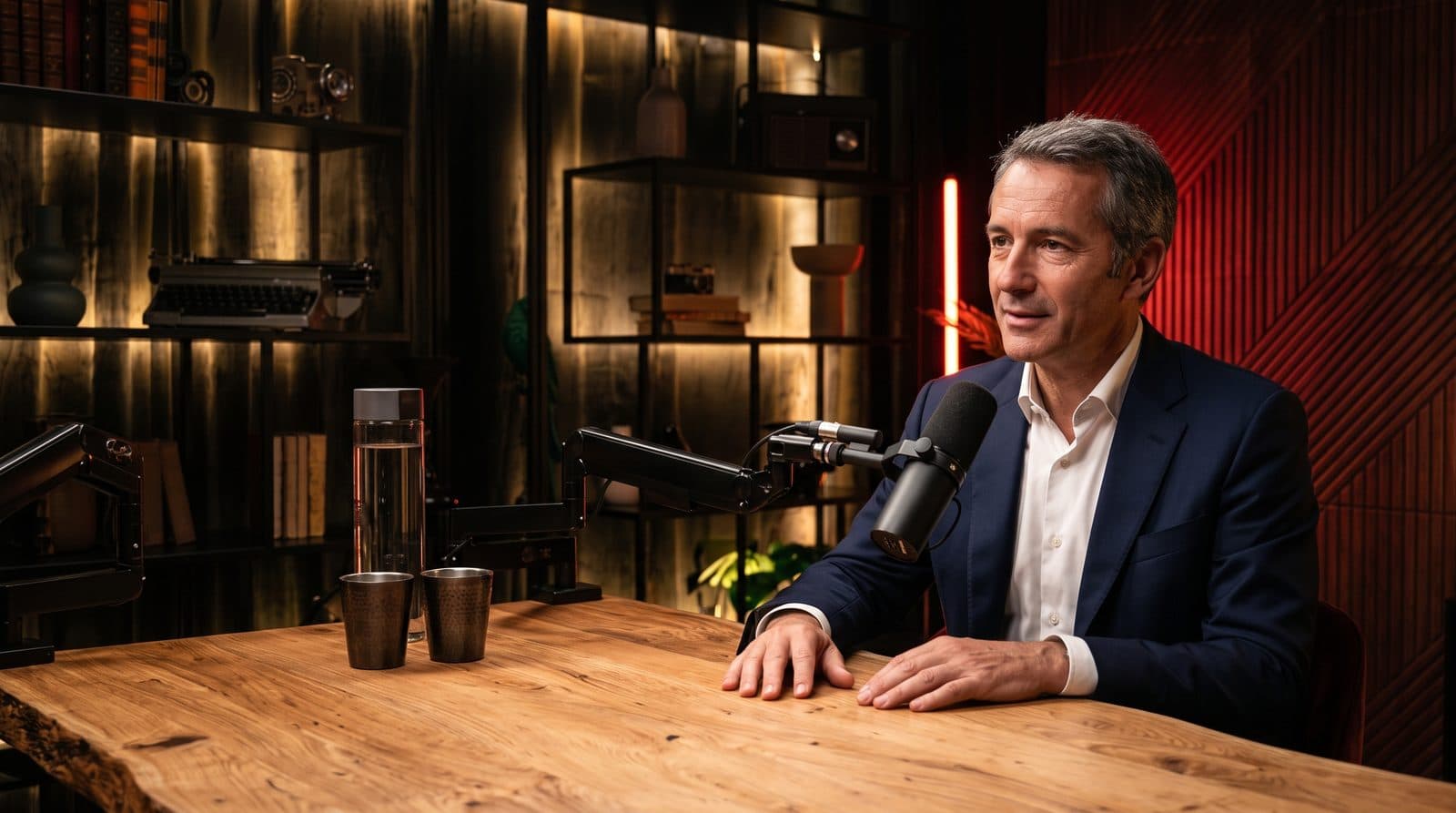 Homme en costume qui parle au micro, assis à une table en bois dans un studio d'enregistrement