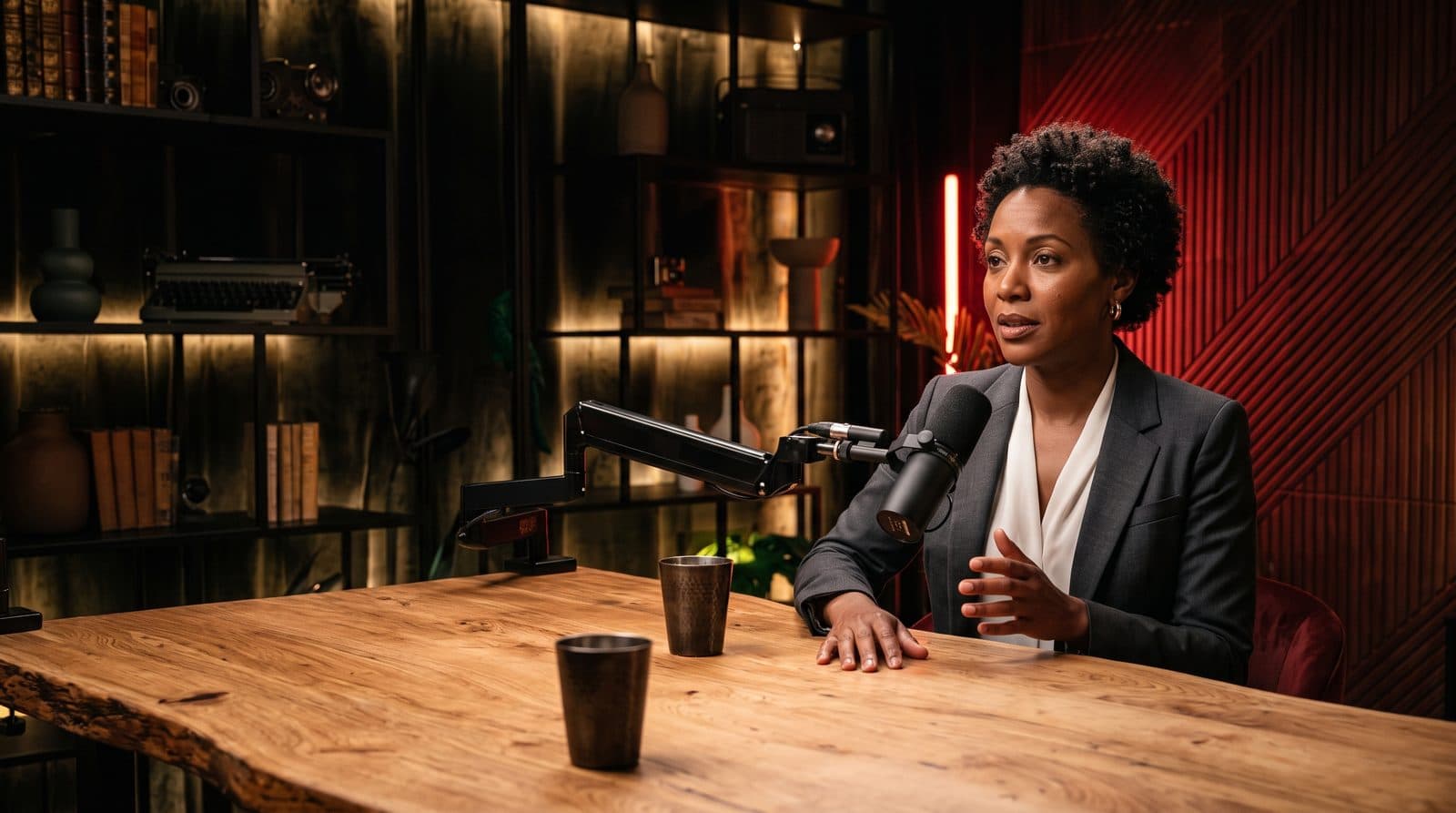 Femme en tailleur qui parle au micro, assise à une table en bois dans un studio d'enregistrement
