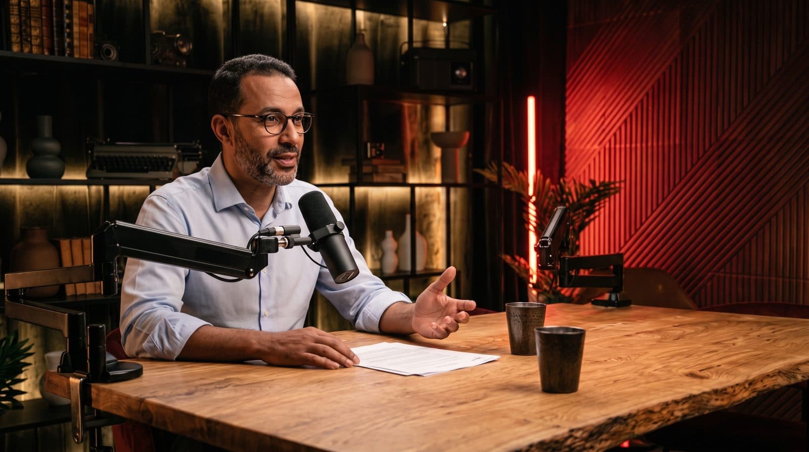 Homme en chemise qui parle au micro, notes posées sur une table en bois, dans un studio d'enregistrement